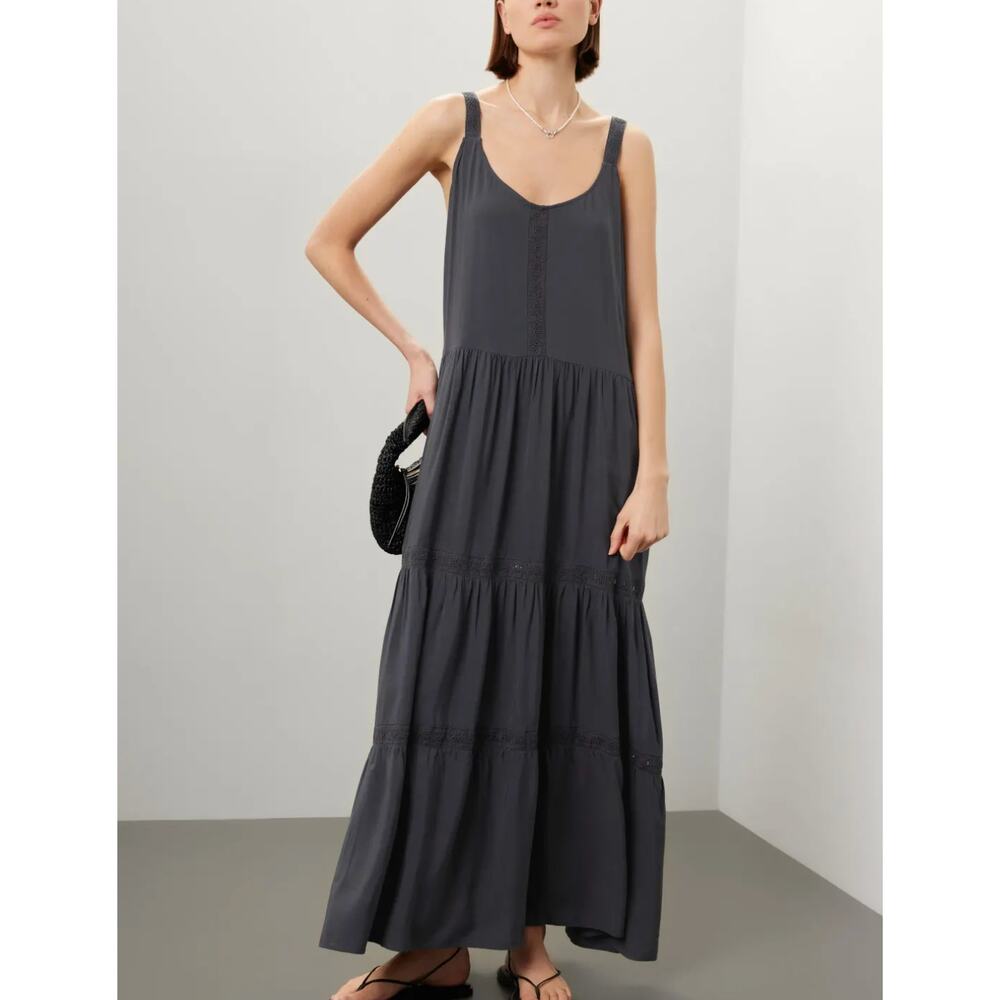 Splendid Dark Gray Tiered Ruffle Sundress Maxi Dress MEDIUM Embroider Boho $188